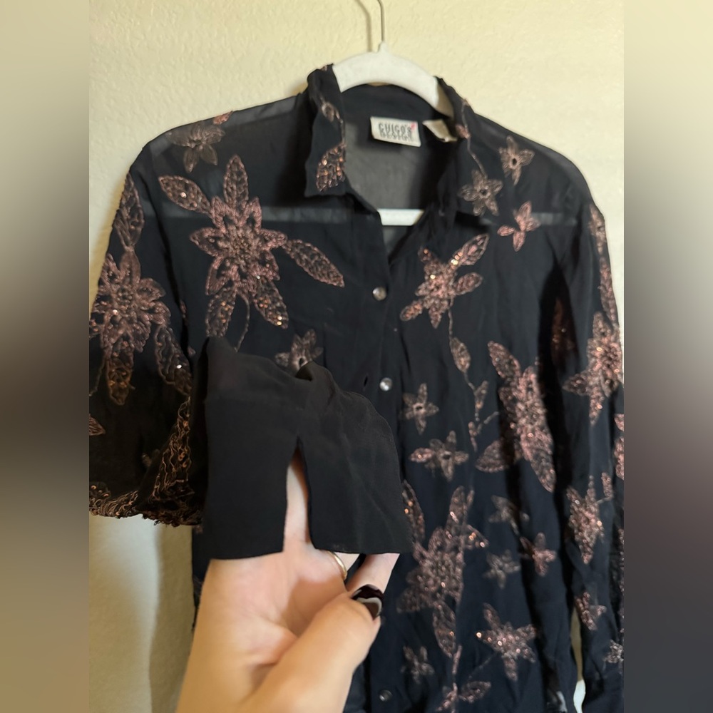 Vintage‎ Chicos Floral Metallic Embroidered Sheer Button Down Shirt Long Sleeve - Picture 4 of 5